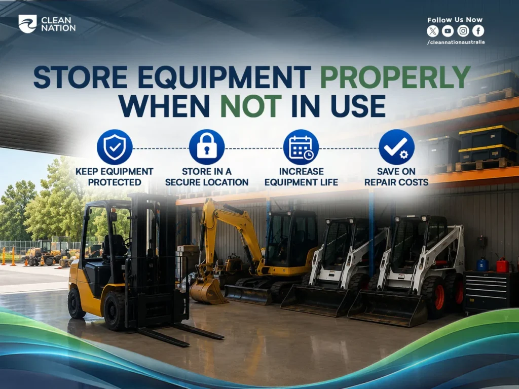 Heavy construction equipment, including a forklift, excavator, and skid steer loaders, is neatly stored inside a clean industrial warehouse to protect machinery when not in use. The graphic supports "7 Tips for Keeping Your Machinery in Top Condition" by emphasizing proper equipment storage to keep machinery protected, store it in a secure location, extend equipment life, and reduce repair costs.