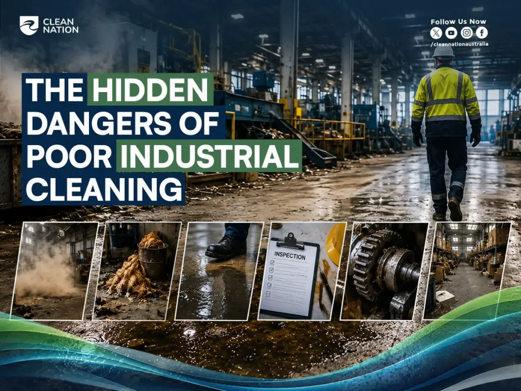 Infographic illustrating the Hidden Dangers of Poor Industrial Cleaning, featuring a worker walking through a large factory with dirty floors, machinery, dust, spills, greasy equipment, an inspection checklist, and a cluttered warehouse, highlighting workplace safety risks, contamination, equipment damage, and the importance of maintaining a clean industrial environment.