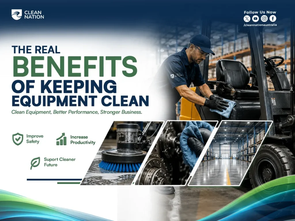 A factory worker cleans a forklift with a microfiber cloth inside a warehouse, alongside images of industrial floor scrubbing, machinery wiping, and a clean storage facility. The graphic explains Why Equipment Cleaning Matters in Manufacturing Plants? by highlighting improved workplace safety, increased productivity, better equipment performance, and a cleaner, more efficient industrial environment.