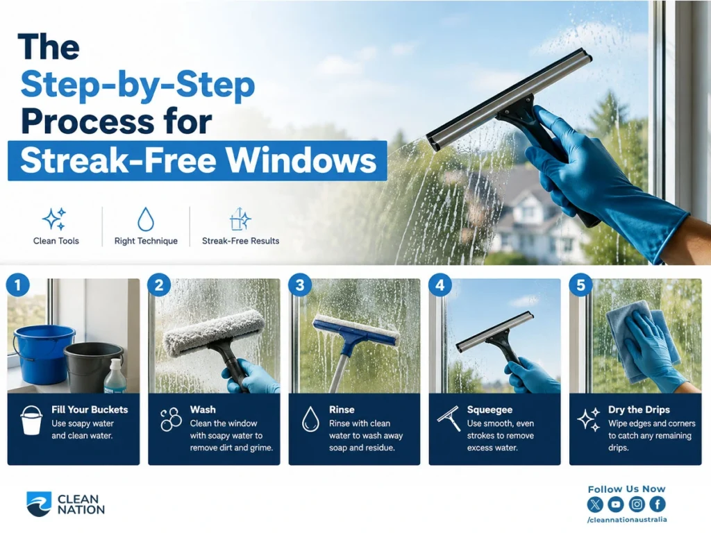 An infographic demonstrates Tips for Efficiently Cleaning Windows with a step-by-step process, including filling buckets with clean and soapy water, washing the glass, rinsing, using a squeegee for streak-free results, and drying the edges with a microfiber cloth.