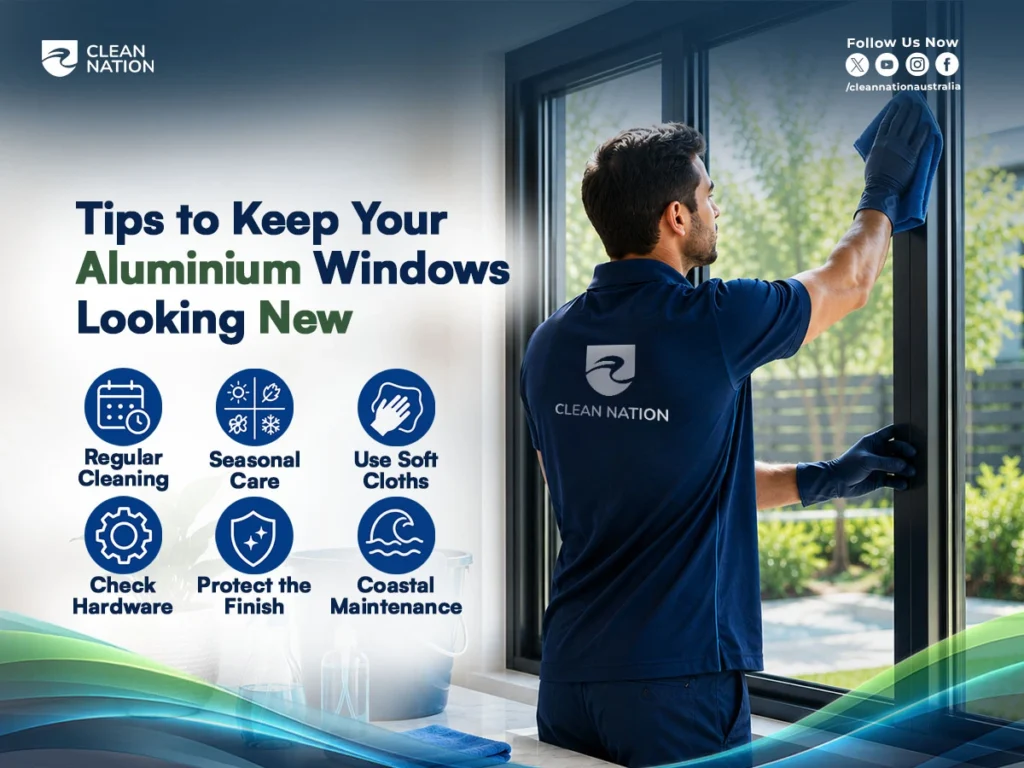 How to Clean Aluminium Window Frames? A Clean Nation professional cleans an aluminium window frame with a microfiber cloth, alongside maintenance tips including regular cleaning, seasonal care, checking hardware, protecting the finish, and using soft cloths to keep aluminium windows looking like new.