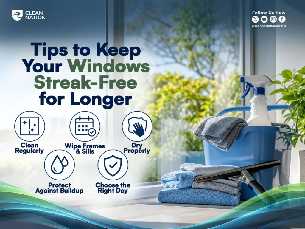 Window cleaning supplies beside a bright, spotless window with tips for maintaining a streak-free finish, showing How Do You Clean Windows Streak Free? and keep your windows cleaner for longer.