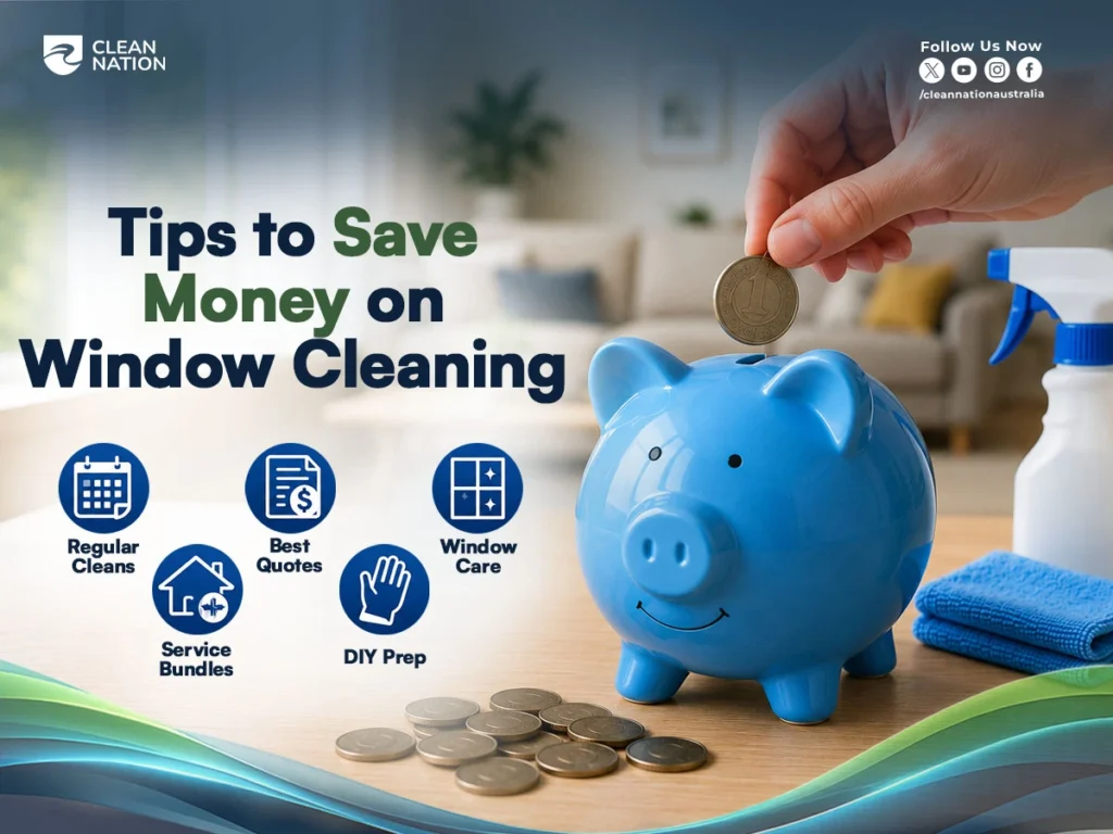 How Much Does Window Cleaning Cost? Infographic featuring a blue piggy bank with money-saving tips for window cleaning, including regular cleans, comparing quotes, service bundles, DIY preparation, and proper window care to help reduce cleaning costs.