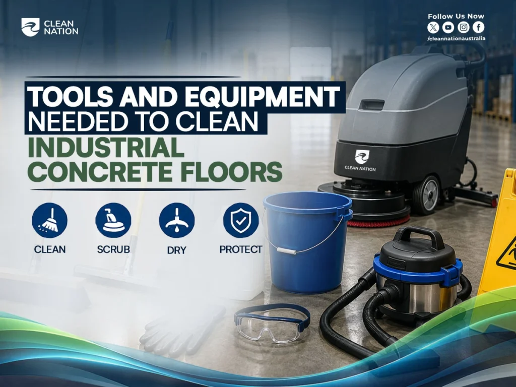 Clean Nation infographic showing the essential tools and equipment needed for industrial concrete floor cleaning, including an automatic floor scrubber, wet and dry vacuum, bucket, safety goggles, gloves, and cleaning supplies inside a warehouse. The image complements the guide "How to Clean Industrial Concrete Floors?" by highlighting the equipment required for safe and effective cleaning.You’re out of attachments for now. Start a free Plus trial for more, or try again tomorrow after 9:53 PM.
Try Plus free