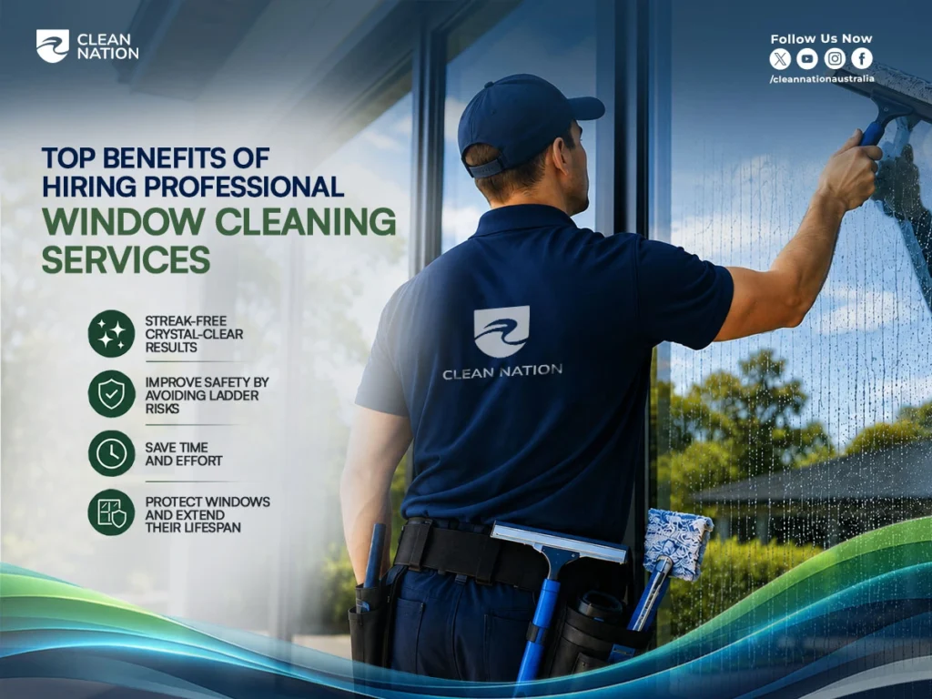 A Clean Nation professional cleans a large exterior window with a squeegee while an infographic highlights key benefits, illustrating Why Is It Important to Hire Professional Window Cleaning Services? for streak-free results, improved safety, time savings, and longer-lasting windows.