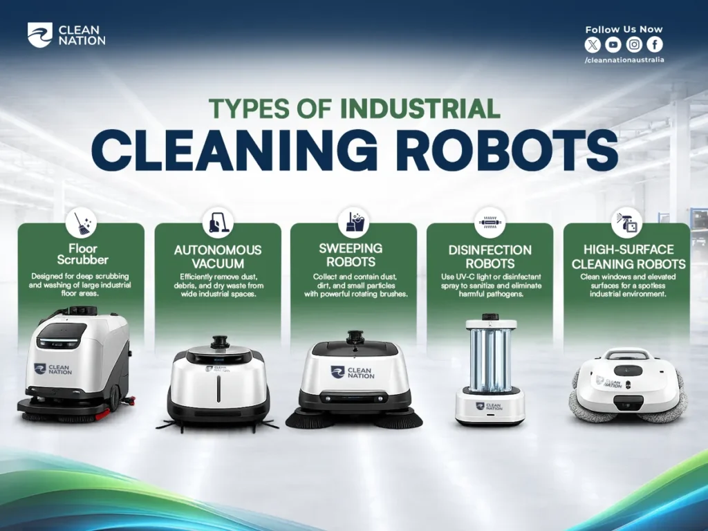 Infographic showcasing different industrial cleaning robots, including a floor scrubber, autonomous vacuum, sweeping robot, disinfection robot, and high-surface cleaning robot, highlighting the Role of Robots in Industrial Cleaning by improving efficiency, automating cleaning tasks, and maintaining cleaner, safer industrial environments.