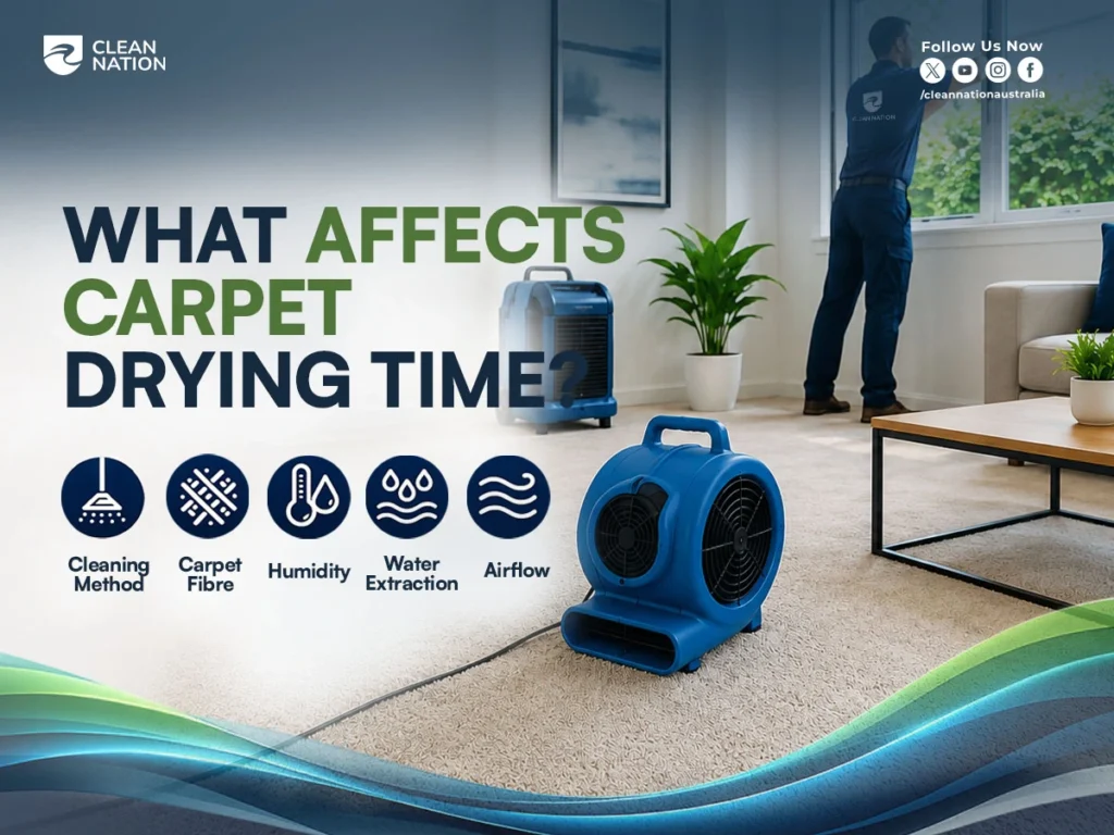 Professional carpet drying equipment in a living room with a technician improving airflow, illustrating the key factors that influence drying time. This image supports How Long Does it Take Carpet to Dry After Cleaning? by highlighting cleaning method, carpet fibre, humidity, water extraction, and airflow.