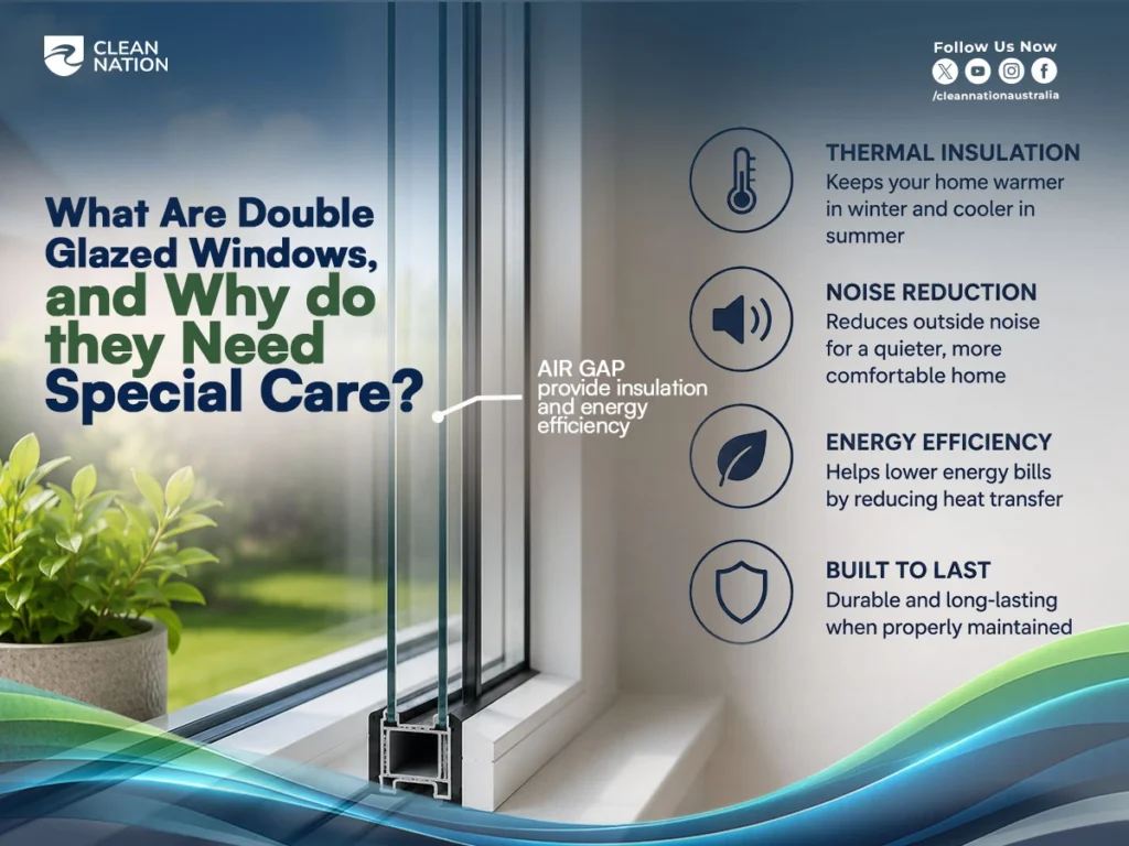 Illustration of a double glazed window showing the insulated air gap and key benefits like thermal insulation, noise reduction, energy efficiency, and durability, explaining How to Clean Double Glazed Windows? and why they need special care.