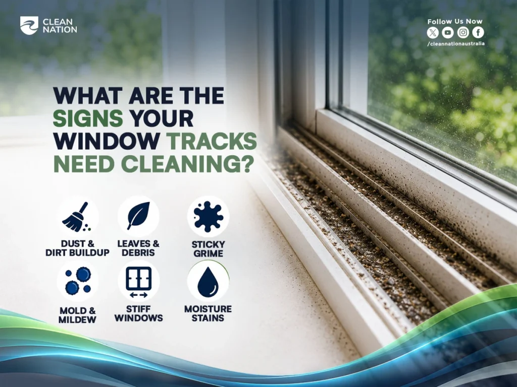 A close-up of dirty sliding window tracks with visible dust, debris, and grime, alongside icons highlighting common signs of buildup such as mould, moisture stains, and stiff windows, illustrating How to Clean Window Tracks? and when cleaning is needed.