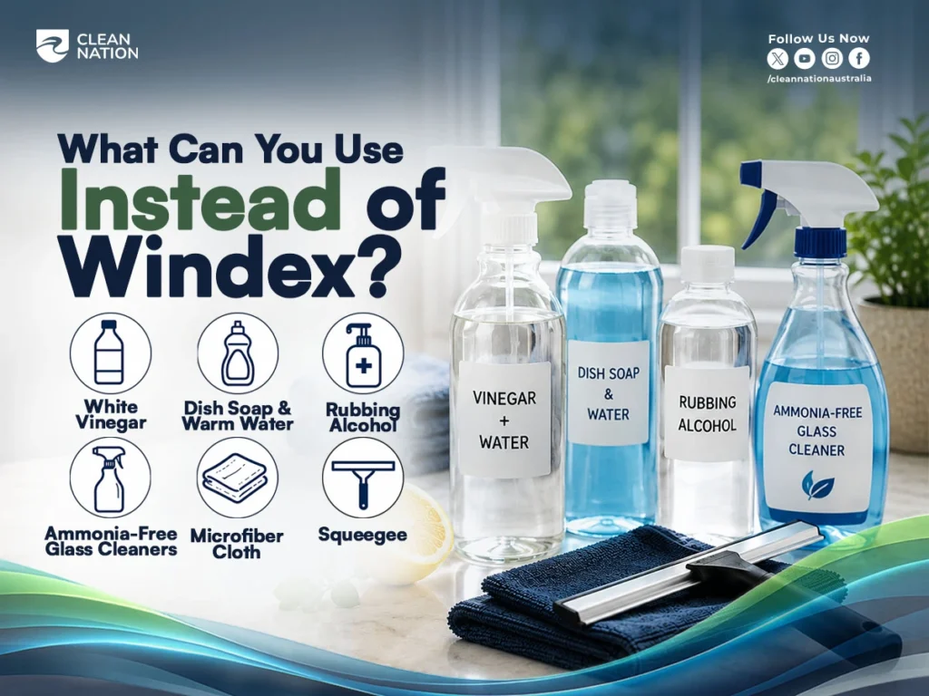 Infographic showing alternatives to Windex for streak-free window cleaning, including white vinegar, dish soap and warm water, rubbing alcohol, ammonia-free glass cleaner, a microfibre cloth, and a squeegee arranged on a countertop near a bright window. The image answers How to Clean a Window Without Windex? by highlighting simple household cleaning solutions and essential window cleaning tools.