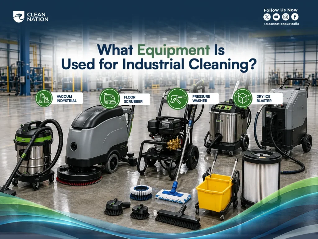 Infographic displaying essential industrial cleaning equipment, including an industrial vacuum, floor scrubber, pressure washer, dry ice blaster, mop bucket, brushes, and filter, arranged inside a factory. The visual supports How to Do Industrial Cleaning? by showcasing the professional tools used to clean industrial facilities safely and efficiently.