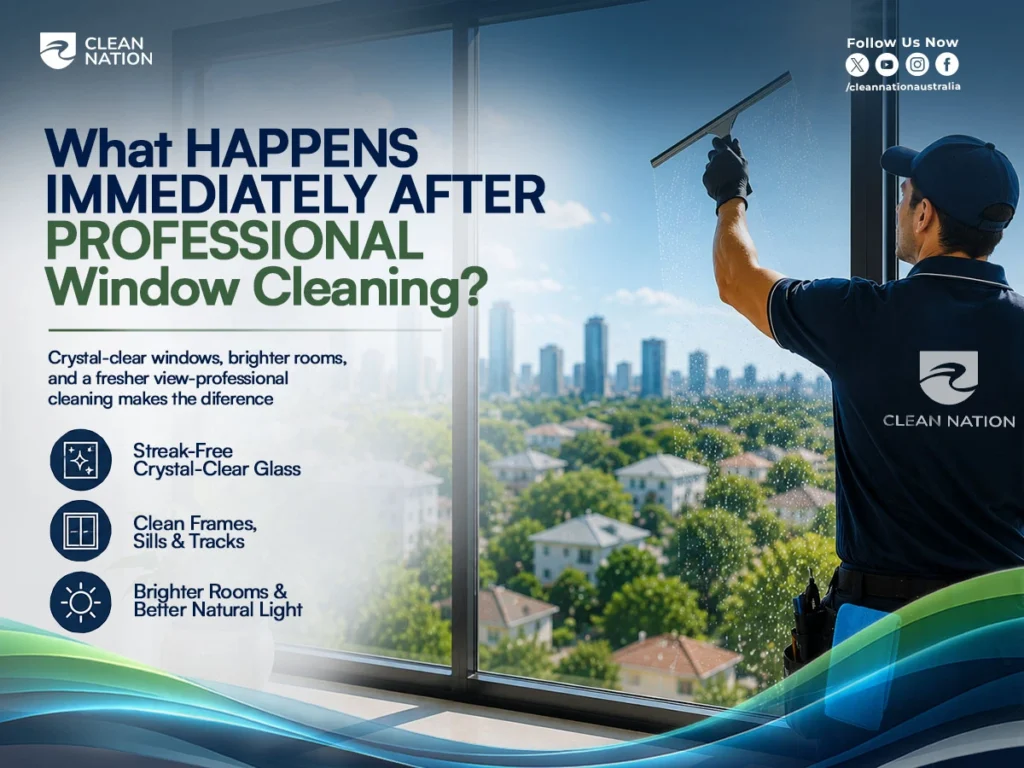 A professional window cleaner uses a squeegee to polish a large floor-to-ceiling window overlooking a city skyline, leaving the glass streak-free and crystal clear. This image illustrates What to Expect After Professional Window Cleaning? including spotless glass, clean frames and tracks, brighter rooms, and enhanced natural light.