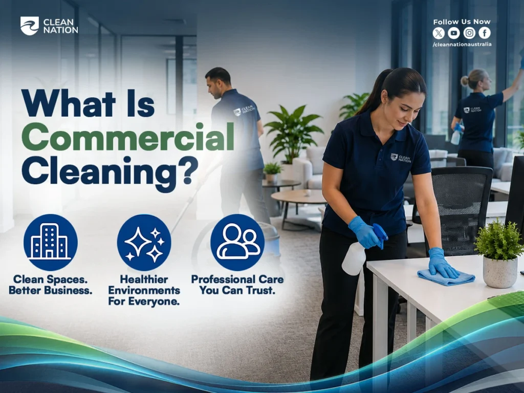A professional commercial cleaning team disinfecting desks, vacuuming carpets, and cleaning office windows in a modern workplace, highlighting clean and healthy business environments while supporting What Is the Difference Between Commercial Cleaning and Industrial Cleaning? by showcasing commercial cleaning services.