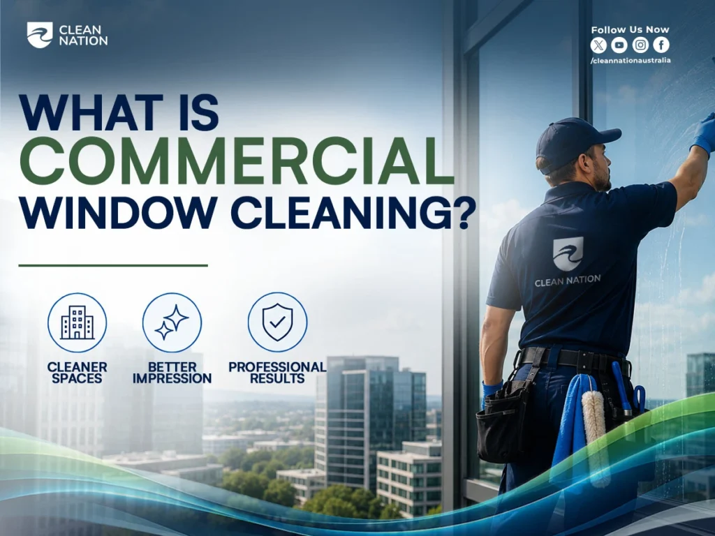 Professional cleaner washing a large office building window from the outside, showing What Is Commercial Window Cleaning? with clear glass, high-rise commercial windows, and Clean Nation branding highlighting cleaner spaces, better impressions, and professional results.