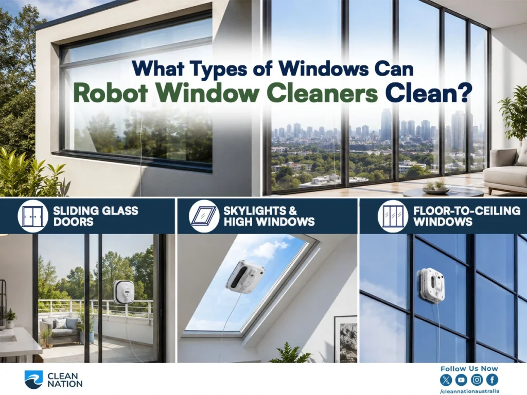 Infographic showing the types of windows robot window cleaners can clean, including sliding glass doors, skylights, high windows, and floor-to-ceiling glass, with robotic window cleaners attached to different glass surfaces, illustrating How Do Window Cleaning Robots Work? across a variety of residential and commercial window styles.
