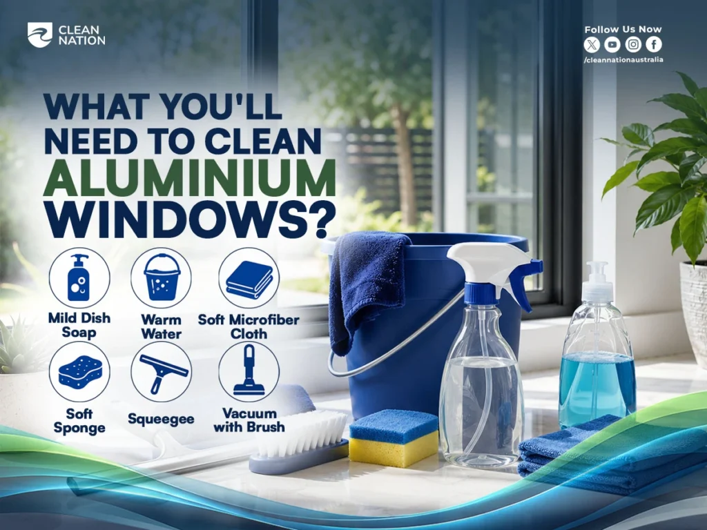 How to Clean Aluminium Window Frames? Cleaning supplies including mild dish soap, warm water, microfiber cloths, a sponge, squeegee, and vacuum brush are arranged beside an aluminium window, showing the essential tools for safe and effective window