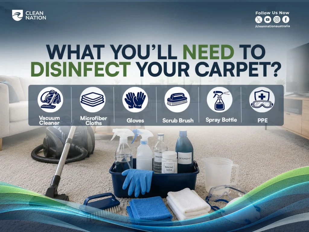 Cleaning tools and supplies, including a vacuum cleaner, microfiber cloths, gloves, scrub brush, spray bottles, detergent, baking soda, and PPE, prepared to demonstrate How to Disinfect Carpets Without a Steam Cleaner? safely and effectively.