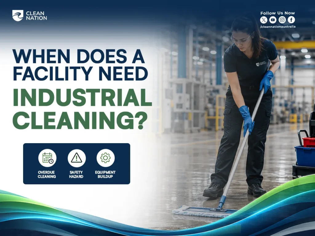 A professional cleaner mops the floor inside a large industrial facility while wearing safety gloves, with an infographic highlighting signs that a facility needs industrial cleaning, including overdue cleaning, safety hazards, and equipment buildup. This visual supports How to Do Industrial Cleaning? by showing when industrial cleaning is necessary to maintain a safe, efficient workplace.