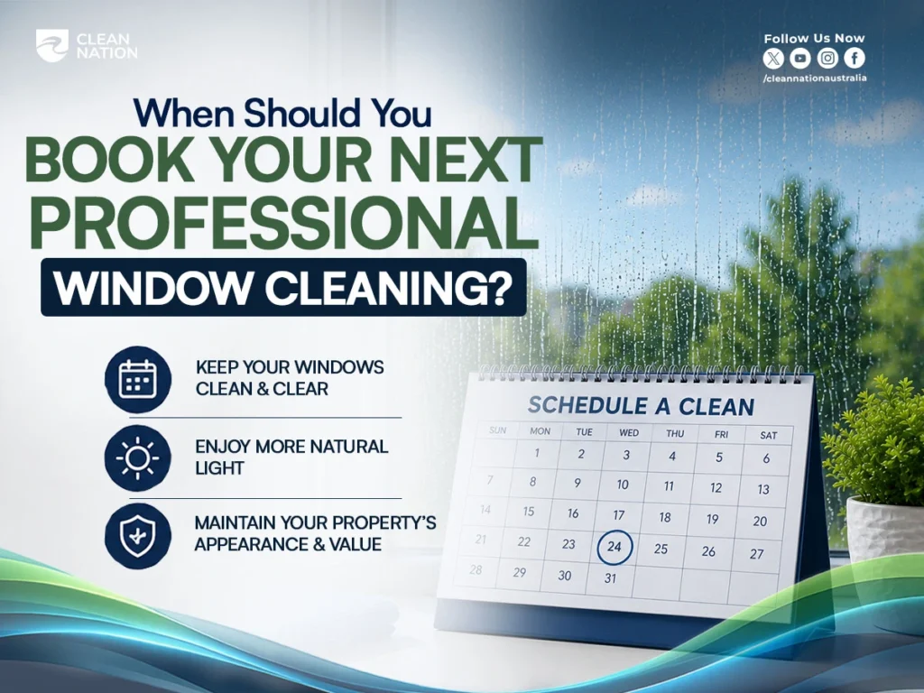 Promotional graphic showing a rain-speckled window, a desk calendar marked for a scheduled cleaning, and key benefits of professional window cleaning, including cleaner windows, more natural light, and improved property appearance. The image highlights What to Expect After Professional Window Cleaning? with brighter, clearer glass and a well-maintained home or business.