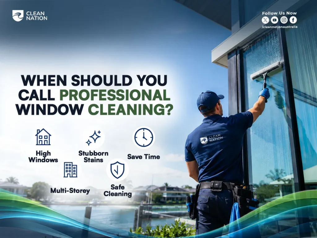 The Best Homemade Window Cleaning Solution compared with professional window cleaning, showing a cleaner washing high exterior windows for stubborn stains, multi-storey buildings, and safe, time-saving results.