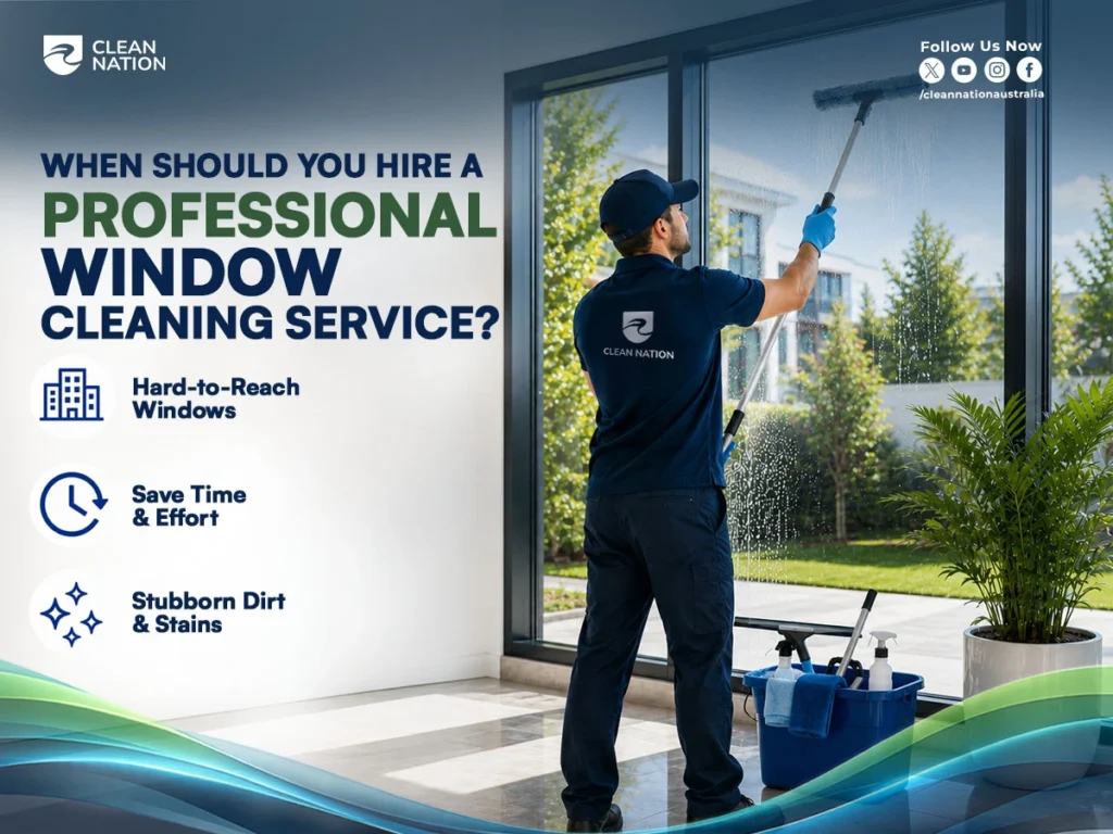 How to Clean Aluminium Window Frames? A Clean Nation professional uses a window cleaning pole to wash large aluminium windows, highlighting when expert cleaning is recommended for hard-to-reach windows, stubborn dirt, and saving time and effort.