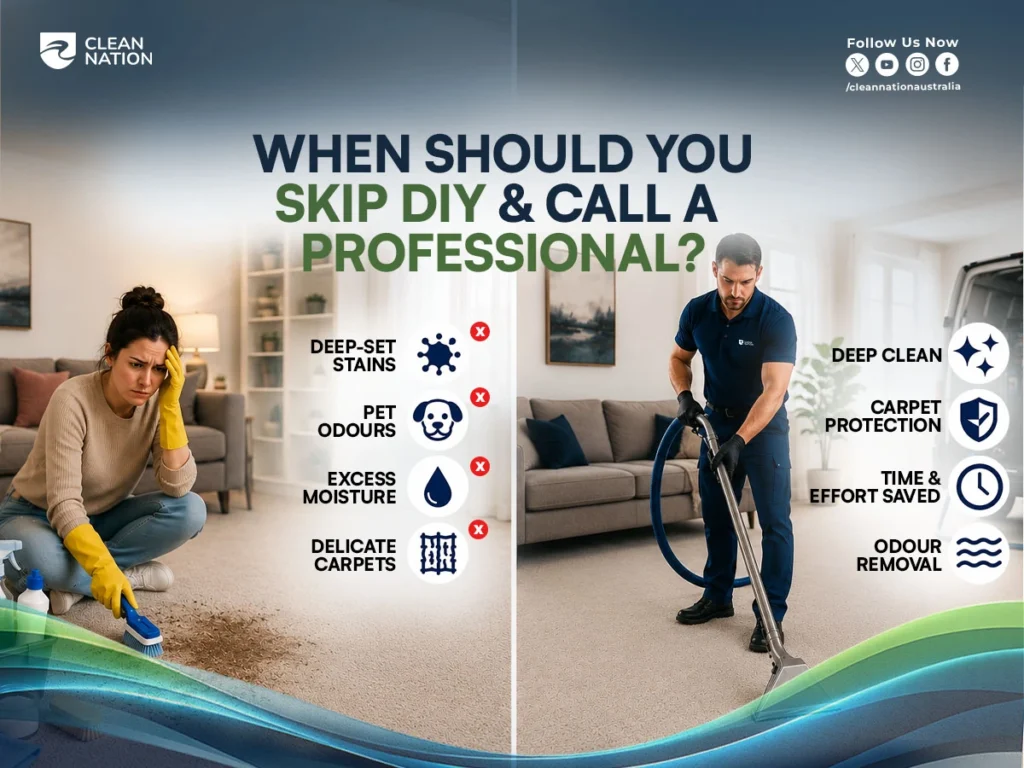A comparison of DIY and professional carpet cleaning, explaining what is the best homemade carpet cleaning solution for machines and when it's better to call a professional for deep-set stains, pet odours, excess moisture, and delicate carpets.
