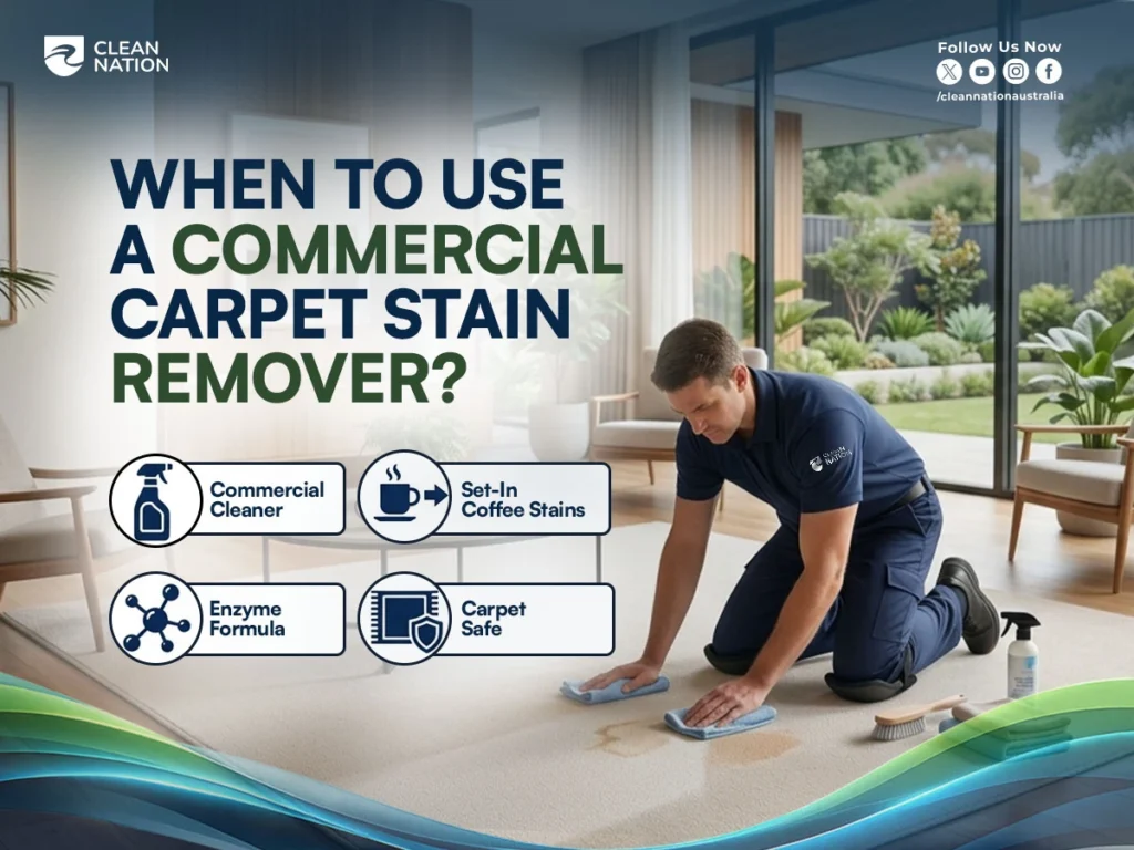 Professional cleaner treating a carpet with a commercial stain remover for a set-in coffee stain, illustrating How to Get Coffee Stains Out of a Carpet? using carpet-safe cleaning products and techniques.