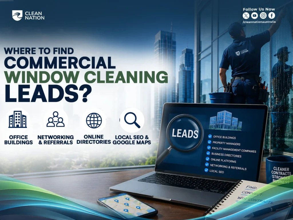 A promotional graphic showing a professional window cleaner cleaning a high-rise office building window beside a laptop displaying commercial leads, with icons for office buildings, networking, online directories, and local SEO. The image illustrates How to Get Commercial Window Cleaning Contracts? by highlighting effective ways to find commercial window cleaning leads and grow a cleaning business.