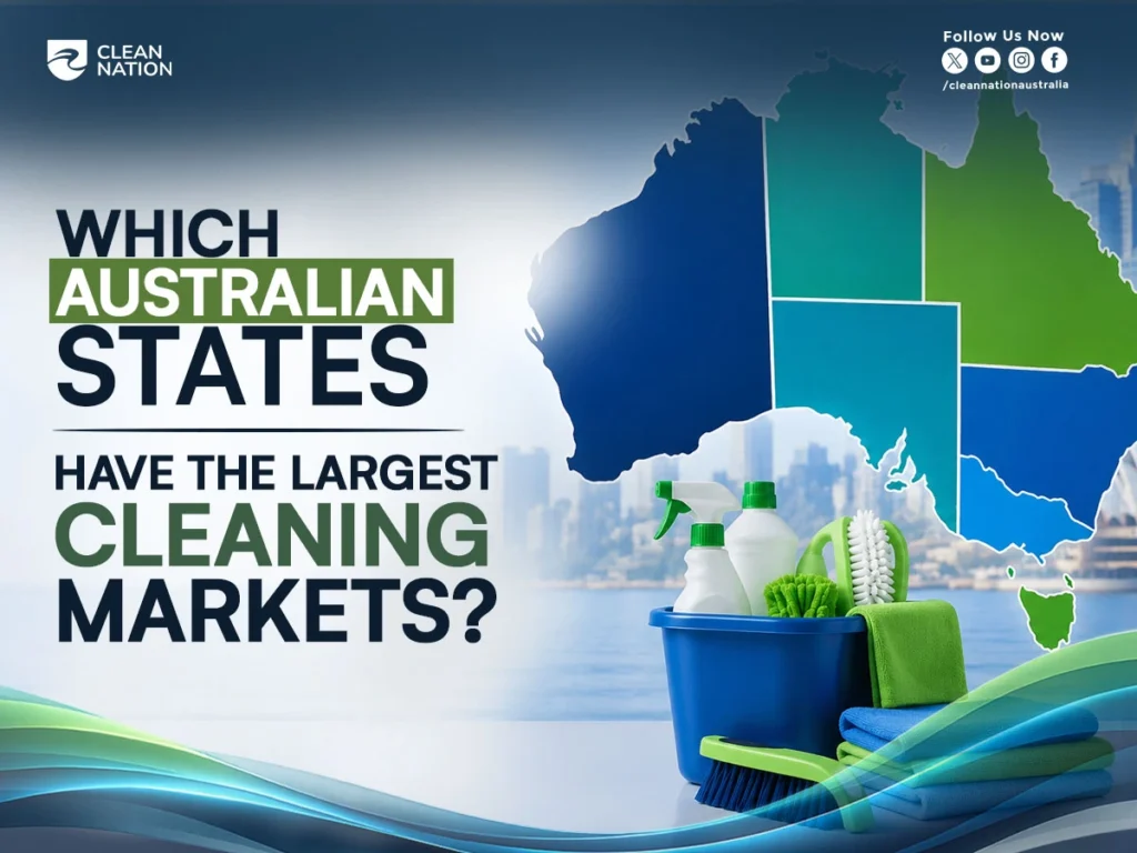 Cleaning supplies displayed beside a map of Australia highlighting regional cleaning markets, illustrating How Much Is the Cleaning Industry Worth in Australia? and which Australian states contribute the largest share of the country's commercial cleaning industry.