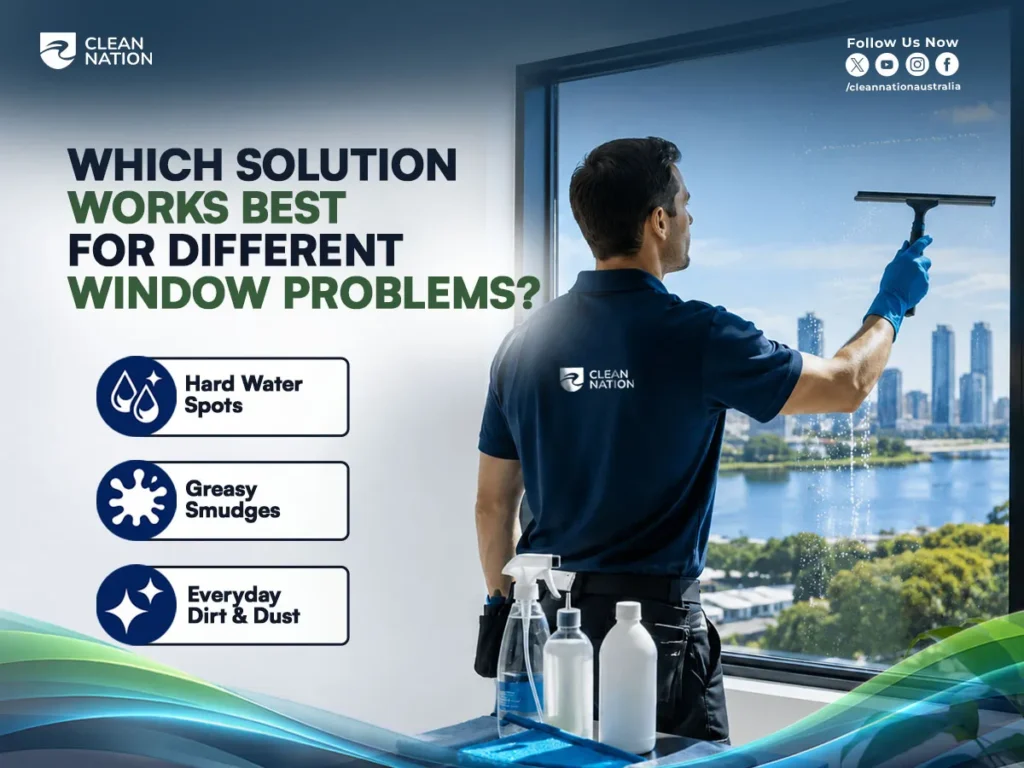 The Best Homemade Window Cleaning Solution for different window problems, showing a professional cleaner using a squeegee on a large window with solutions for hard water spots, greasy smudges, and everyday dirt and dust.