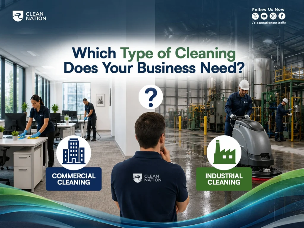 A comparison graphic showing an office cleaner working in a commercial office and an industrial cleaner operating a floor scrubber in a factory, helping explain What Is the Difference Between Commercial Cleaning and Industrial Cleaning? and which cleaning service is best suited for different business environments.
