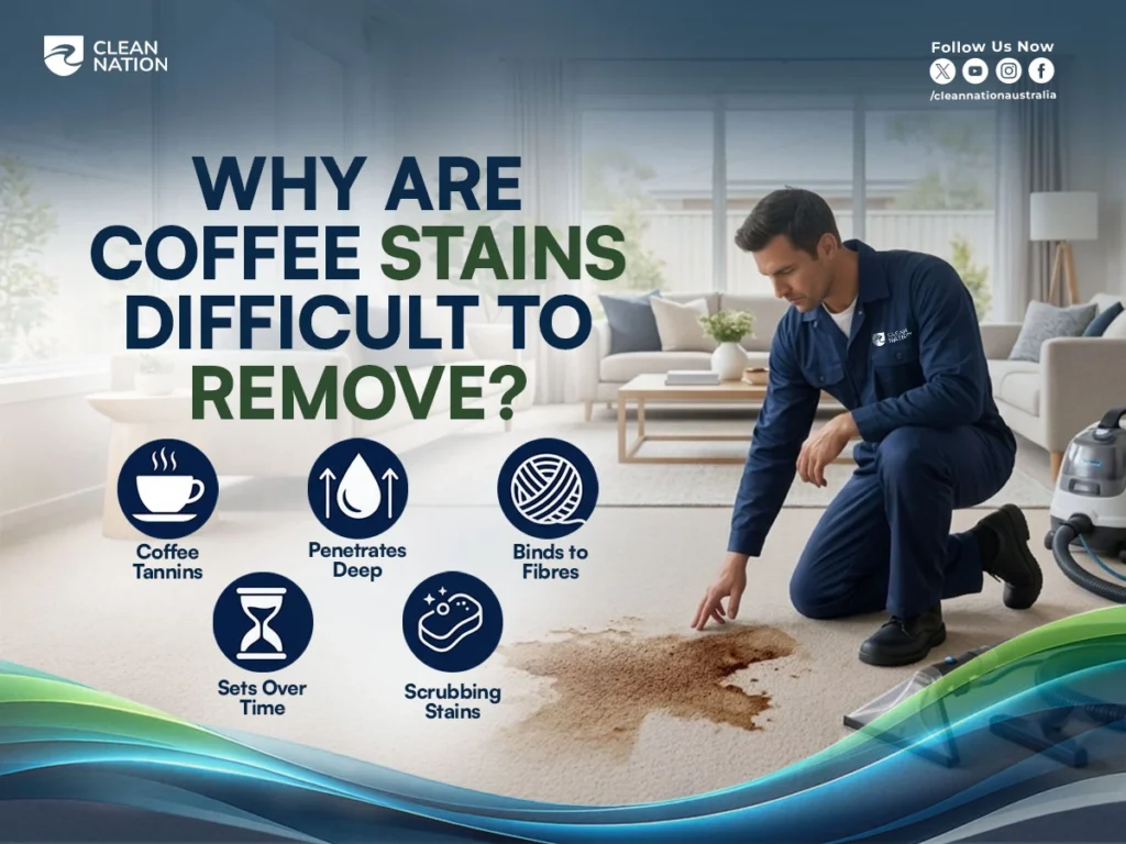 Professional cleaner inspecting a coffee stain on a light-colored carpet with icons explaining why coffee stains are difficult to remove, supporting a guide on How to Get Coffee Stains Out of a Carpet?