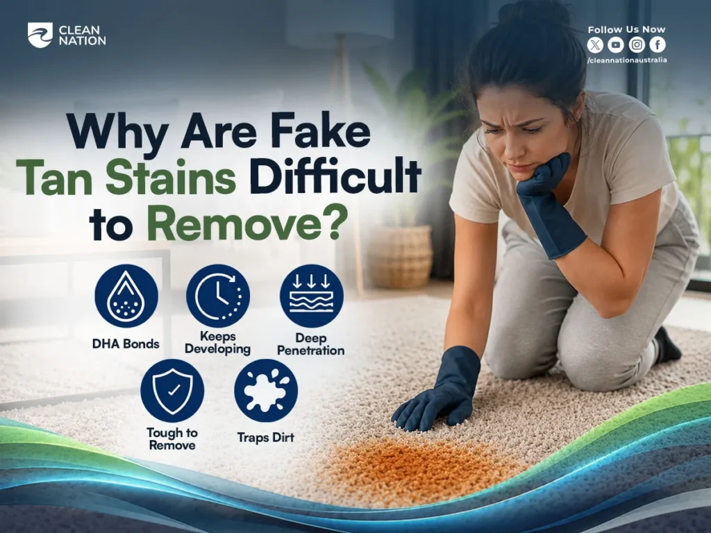 How to Get Fake Tan Stains Out of Carpet? A person wearing cleaning gloves examines a large fake tan stain on a light-colored carpet, highlighting why fake tan stains are difficult to remove due to deep penetration, DHA bonding, and ongoing color development, with the Clean Nation logo displayed.