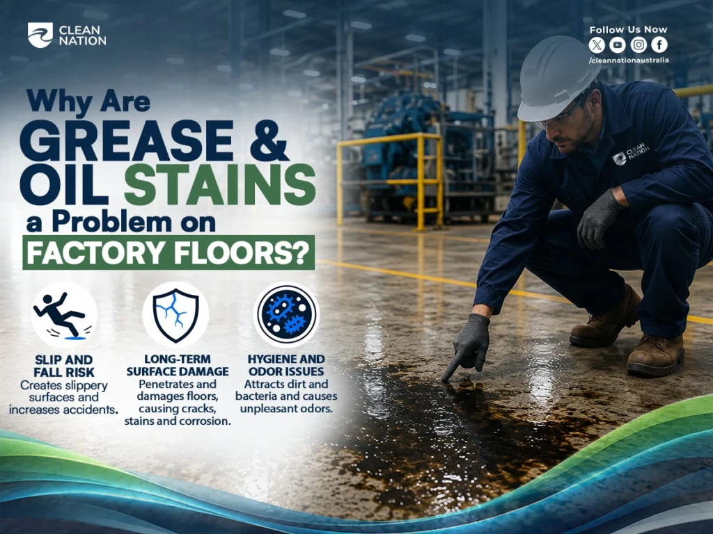 A Clean Nation worker inspects grease and oil stains on an industrial factory floor, highlighting the risks of slippery surfaces, floor damage, and hygiene issues while illustrating How to Remove Grease and Oil Stains From Factory Floors? in a professional manufacturing facility.