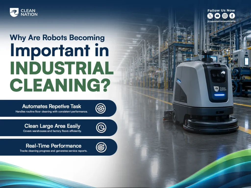 Autonomous floor-cleaning robot operating in a modern factory, demonstrating the Role of Robots in Industrial Cleaning by automating repetitive floor cleaning, efficiently covering large warehouse areas, and providing real-time performance tracking for consistent, high-quality cleaning operations.