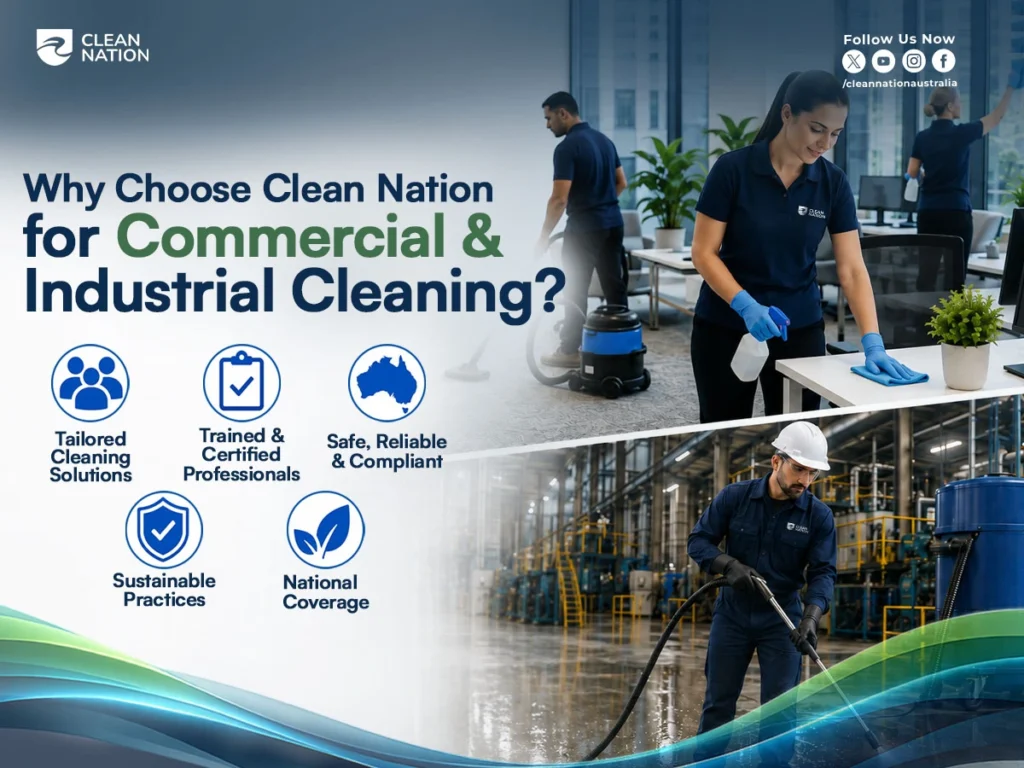 A promotional graphic showing professional cleaners working in both an office and a factory, highlighting tailored cleaning solutions, trained staff, compliance, sustainability, and national coverage while explaining What Is the Difference Between Commercial Cleaning and Industrial Cleaning? through examples of commercial and industrial cleaning services.