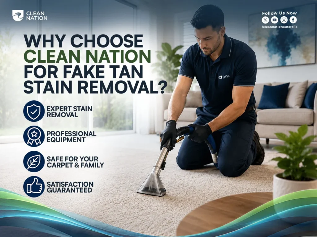 How to Get Fake Tan Stains Out of Carpet? A Clean Nation technician uses professional carpet cleaning equipment to remove stains from a light-colored carpet, highlighting expert fake tan stain removal services that are safe for carpets and families.