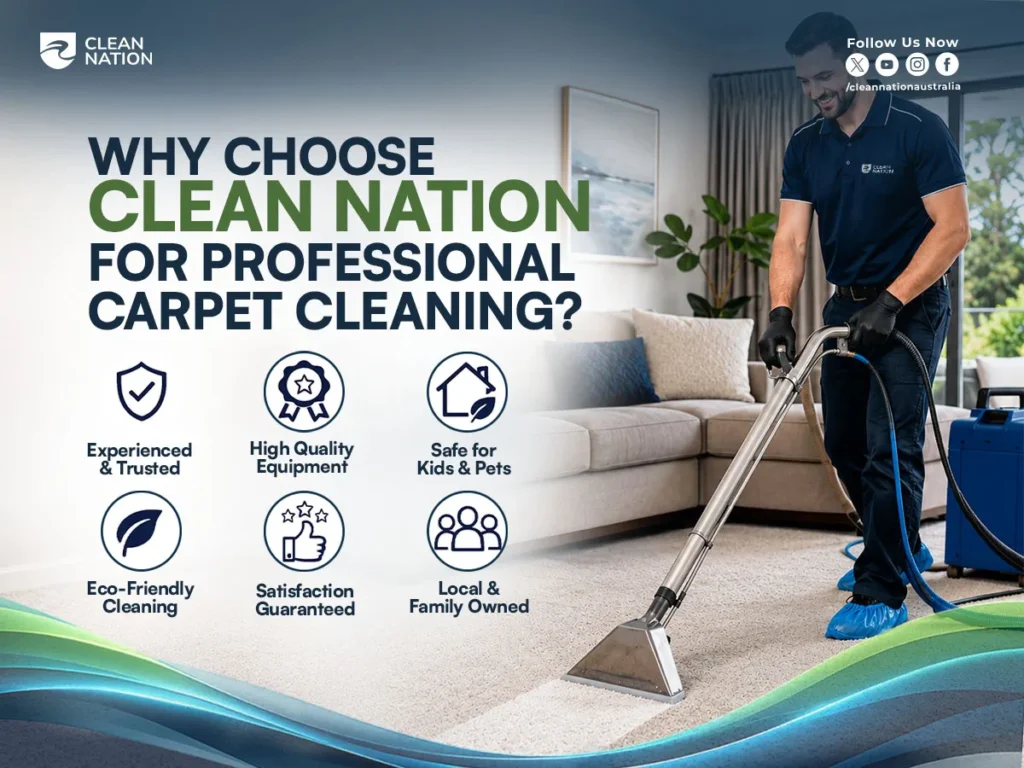 Clean Nation technician performing professional carpet cleaning in a modern living room, highlighting trusted service, eco-friendly cleaning, and advanced equipment. If you're asking, "How Do I Keep My Carpet Looking New?", professional carpet cleaning helps maintain a fresh, clean, and long-lasting carpet.
