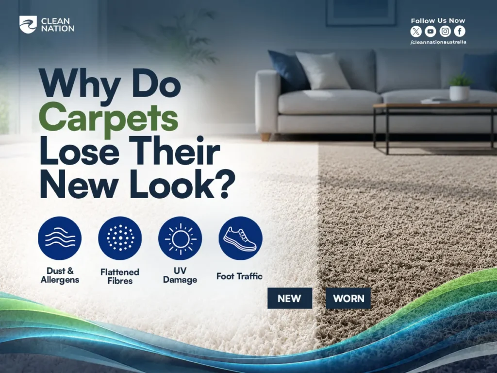 Clean Nation infographic comparing a new carpet with a worn carpet, showing how dust, allergens, flattened fibres, UV damage, and foot traffic affect carpet appearance. If you're asking, "How Do I Keep My Carpet Looking New?", regular maintenance and professional carpet cleaning can help preserve its fresh look.