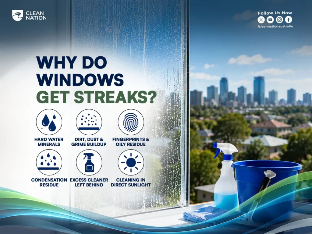 Infographic showing common causes of streaky windows, including hard water stains, dirt, fingerprints, cleaner residue, condensation, and direct sunlight, with window cleaning supplies illustrating How Do You Clean Windows Streak Free?