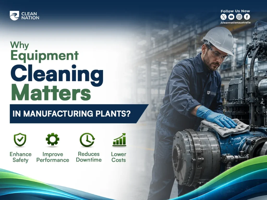 A maintenance worker wearing safety gear and blue gloves cleans industrial machinery with a cloth inside a manufacturing plant. The graphic highlights Why Equipment Cleaning Matters in Manufacturing Plants? by emphasizing key benefits such as enhanced workplace safety, improved equipment performance, reduced downtime, and lower maintenance costs through regular industrial cleaning.