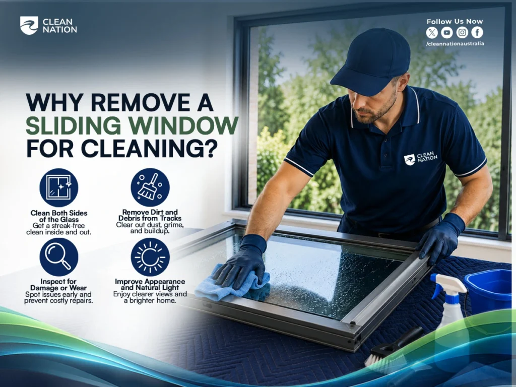A professional window cleaner wipes a removed sliding window on a padded work surface, with icons highlighting the benefits of cleaning both sides, clearing dirt from tracks, inspecting for damage, and improving natural light. The image supports How to Remove a Sliding Window for Cleaning? by showing why removing the window allows for a safer and more thorough clean.