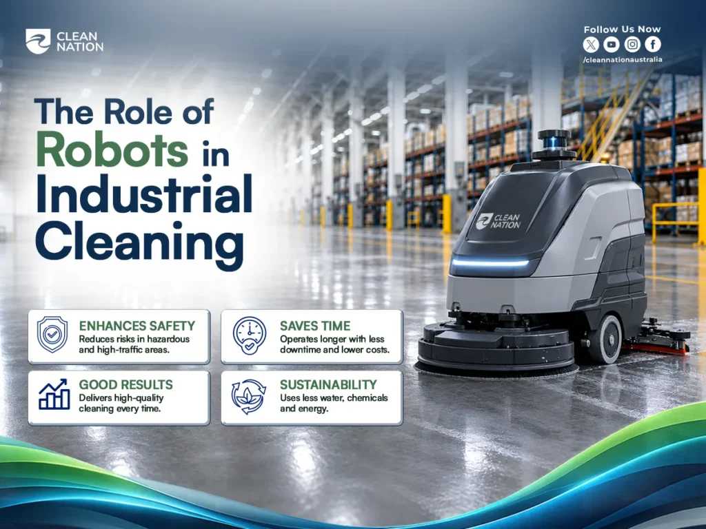 Autonomous floor-cleaning robot operating in a large warehouse with polished concrete floors and storage racks, illustrating the Role of Robots in Industrial Cleaning by improving safety, saving time, delivering consistent cleaning results, and supporting sustainability through reduced water, chemical, and energy use.