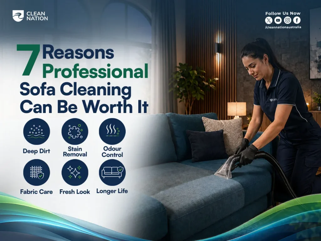 “Professional sofa cleaner deep cleaning a fabric sectional with an upholstery extraction machine, highlighting stubborn stains, bad odors, built-up dirt, and dull color as signs that professional sofa cleaning is needed.”