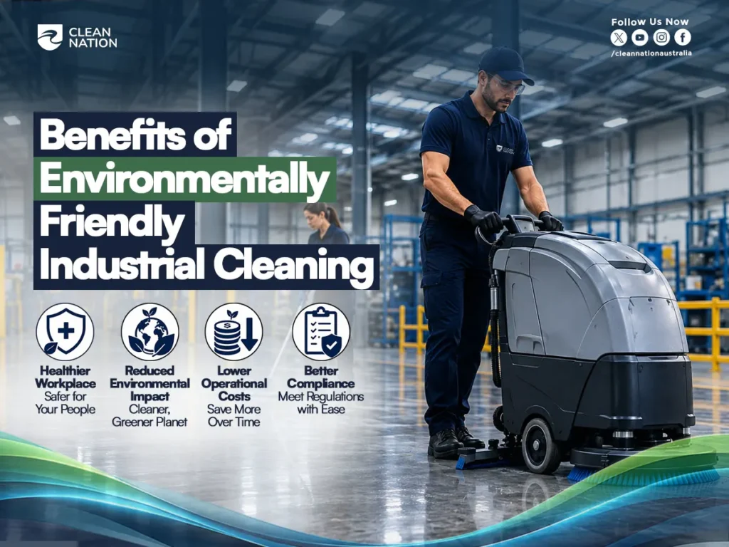 A professional cleaner operates an industrial floor scrubber in a modern warehouse while another cleaner works in the background, demonstrating sustainable cleaning practices. The image answers Is industrial cleaning environmentally friendly? by showcasing eco-friendly industrial cleaning that supports a healthier workplace, reduces environmental impact, lowers operational costs, and improves regulatory compliance.