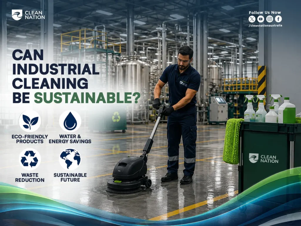 A professional cleaner operates an industrial floor scrubber inside a modern manufacturing facility, with eco-friendly cleaning products and sustainability icons displayed beside a cleaning cart. The image illustrates Is industrial cleaning environmentally friendly? by highlighting eco-friendly products, water and energy savings, waste reduction, and sustainable industrial cleaning practices.
