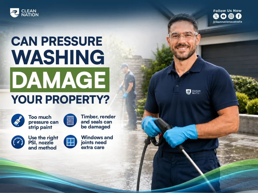 Infographic explaining how improper pressure washing can damage property, including stripped paint, damaged timber and render, and risks to windows and seals.