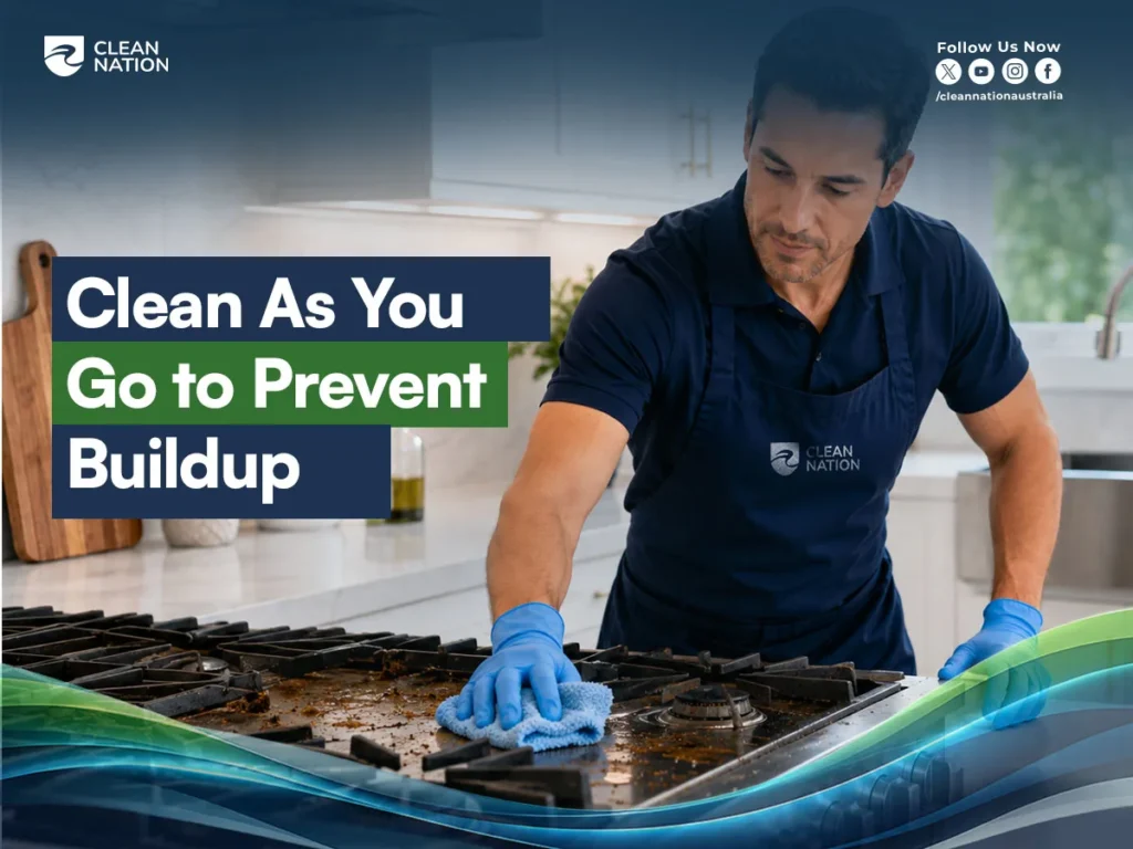 5 Professional Tips for a Cleaner kitchen, showing a professional cleaner wiping a greasy stovetop to prevent buildup and maintain kitchen hygiene.