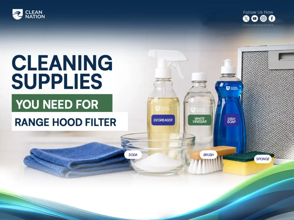How to Clean a Kitchen Range Hood Filter? Cleaning supplies arranged beside a metal range hood filter, including degreaser, white vinegar, dish soap, baking soda, a scrub brush, sponge, and microfiber cloths, illustrating the essential tools needed for effective kitchen range hood filter cleaning.