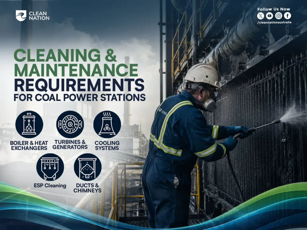 A maintenance worker wearing protective gear uses a high-pressure washer to clean industrial equipment inside a coal power station. The infographic highlights key maintenance areas, including boilers and heat exchangers, turbines and generators, cooling systems, ESP cleaning, and ducts and chimneys. This image illustrates "How to Clean Coal Power Stations" by showcasing the essential cleaning and maintenance practices that improve equipment efficiency, safety, reliability, and long-term performance.